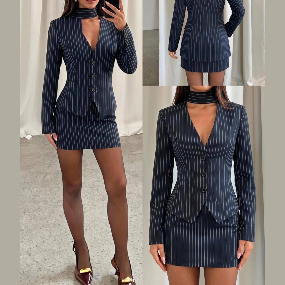 Navy Pinstripe Collarless Asymmetric Hem Blazer and Mini Skirt Set
